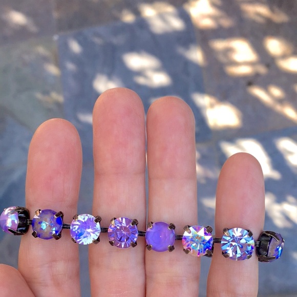 Amethyst, Violet, + iridescent Purple Opal Antique Brass Crystal Tennis Bracelet - Picture 5 of 17